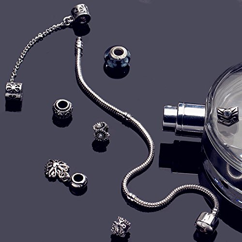 A TE® Charm Pulsera Abalorio Murano Cristal Vidrio Perlas con Cadena de Seguridad Chapado Blanco Oro #JW-B110 (Negro)