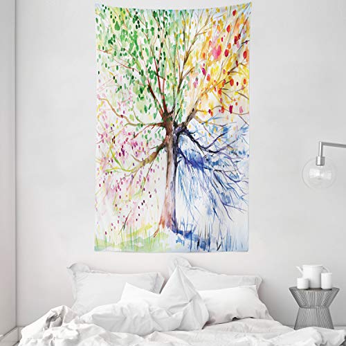 ABAKUHAUS Árbol Tapiz de Pared y Cubrecama Suave, Estilo Acuarela Árbol Artístico con Ramas Florecidas Coloridas Tema Cuatro Estaciones, No se Desliza de la Cama, 140 x 230 cm, Multicolor