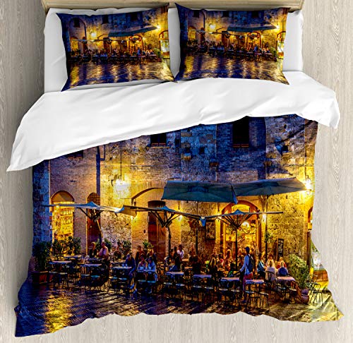 ABAKUHAUS Stadt Alte Häuser Funda Nórdica, Noche View Italia, Estampado Lavable, 3 Piezas con 2 Fundas de Almohada, 200 cm x 200 cm, Naranja Amarillo Azul