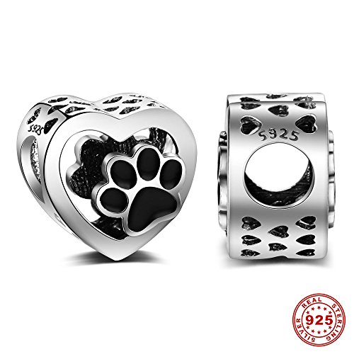 Abalorio de plata de ley 925, con corazón y huellas de patas de animal, compatible con pulseras y collares y todos los brazaletes europeos