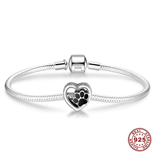 Abalorio de plata de ley 925, con corazón y huellas de patas de animal, compatible con pulseras y collares y todos los brazaletes europeos