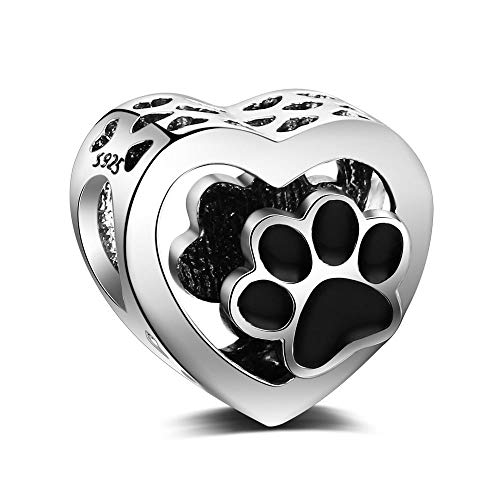 Abalorio de plata de ley 925, con corazón y huellas de patas de animal, compatible con pulseras y collares y todos los brazaletes europeos