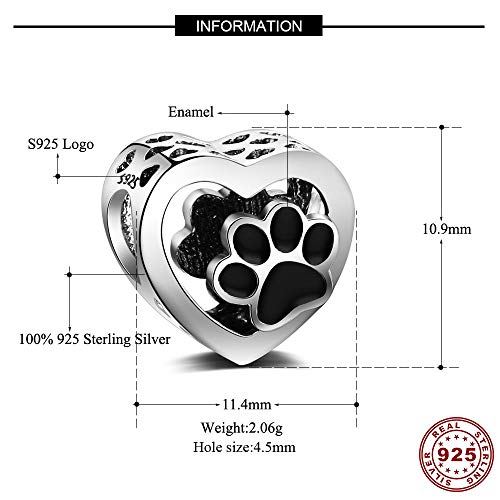 Abalorio de plata de ley 925, con corazón y huellas de patas de animal, compatible con pulseras y collares y todos los brazaletes europeos