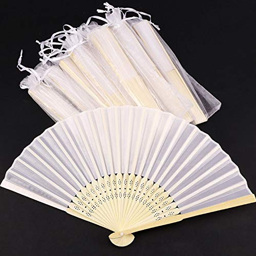Abanico de tela Abanico Decoración plegable Bambú Ventilador Banquete de boda Regalo del favor del partido con el bolso del organza (Blanco, 10 piezas)