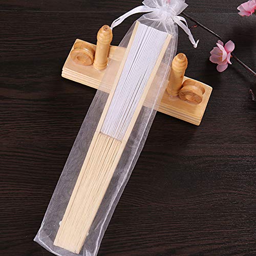 Abanico de tela Abanico Decoración plegable Bambú Ventilador Banquete de boda Regalo del favor del partido con el bolso del organza (Blanco, 10 piezas)
