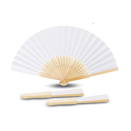 Abanico de tela Abanico Decoración plegable Bambú Ventilador Banquete de boda Regalo del favor del partido con el bolso del organza (Blanco, 10 piezas)