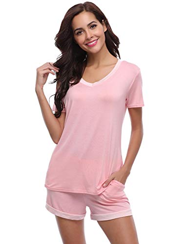 Abollria Pijamas Mujer Verano Corto del Pijamas Pantalones Manga Corto 2 Piezas de Ropa de Dormir Algodón Suave Loungewear Rosa,XL
