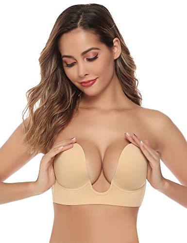 Abollria Sujetador Adhesivo Invisible de Mujer,Forma de U Adhesivo y Silicona Reutilizable Push Up con Gel Bra (Beige, Copa C)