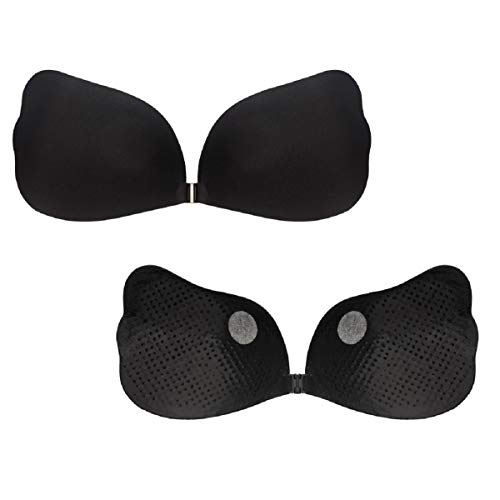 Abollria Sujetador Adhesivo Invisible Mujer,Bra Silicone Reutilizable Push UP Bra con Gel Adhesivo (Negro, Copa E)