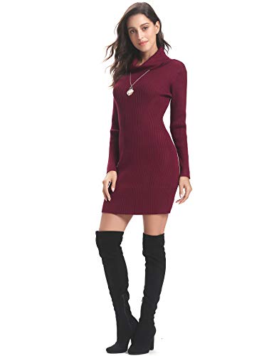 Abollria Vestido a Punto Cuello Alto Suéter Elegante para Mujer Jerséy Clásico para Otoño Invierno Cuello Alto, Rojo Vino, L