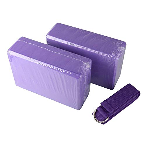 Abree 2pcs Bloques de Yoga+Correa - Bloque de Espuma EVA de Alta Densidad para Hacer Ejercicios en Casa-Set de Yoga para Mejorar Fuerza y Flexibilidad Yoga/Pilates Amantes (Violeta)