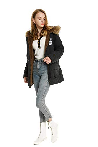 Abrigo cálido para mujer, parka de algodón, con capucha, de piel, acolchada, estilo militar, invierno Negro
 S