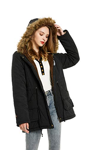Abrigo cálido para mujer, parka de algodón, con capucha, de piel, acolchada, estilo militar, invierno Negro
 S