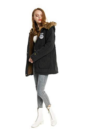 Abrigo cálido para mujer, parka de algodón, con capucha, de piel, acolchada, estilo militar, invierno Negro
 S