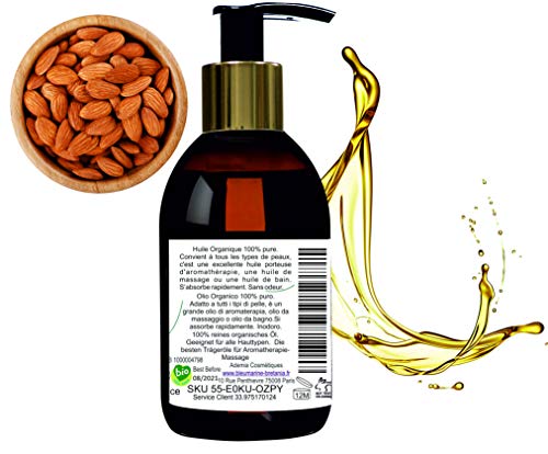 Aceite de Almendras Ecológico Prensado en Frío 100% Puro 250 ml 100% PURO, NATURAL, ORGÁNICO, - PRIMERA PRESIÓN EN FRÍO