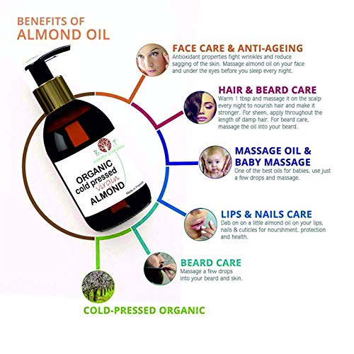 Aceite de Almendras Ecológico Prensado en Frío 100% Puro 250 ml 100% PURO, NATURAL, ORGÁNICO, - PRIMERA PRESIÓN EN FRÍO