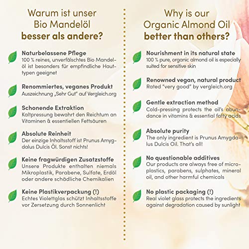 Aceite de Almendras ORGÁNICO Vegano Prensado en Frío - 100% Puro, Natural - Rico en Vitaminas para una Piel Suave, Pelo y Uñas Sanas - Envasado en Vidrio Violeta 200 ml
