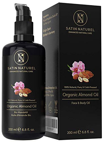 Aceite de Almendras ORGÁNICO Vegano Prensado en Frío - 100% Puro, Natural - Rico en Vitaminas para una Piel Suave, Pelo y Uñas Sanas - Envasado en Vidrio Violeta 200 ml