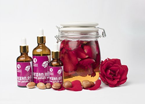 Aceite de argán Fatima's Garden con pétalos de rosa Macerado para el rostro, el cabello, la piel y las uñas. Hidratante antiedad marroquí, orgánico (Argan + aceite de rosa) 100ml