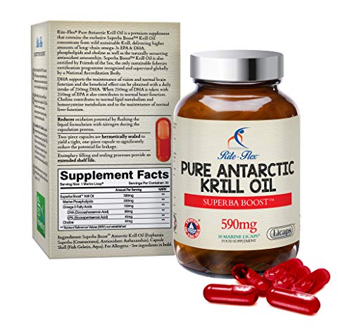 Aceite de krill antártico sostenible Rite-Flex Pure – 30 Licaps® Marine Superba Boost™ 590mg Ayuda al buen funcionamiento del corazón, la visión y el hígado - con fosfolípidos, colina y astaxantina