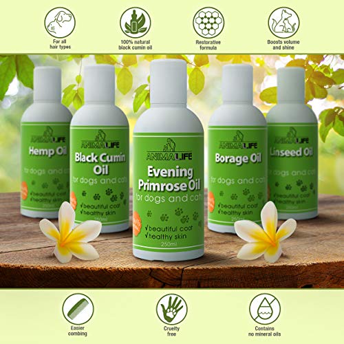 Aceite de Onagra para Perros & Gatos 250ml - 100% Natural - Vitaminas - Minerales - Omega 3 6 9 - Suplementos Alimenticios para Mascotas - Promueve un Pelo y Piel Saludables - Evening Primrose Oil