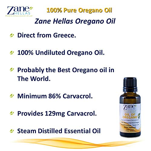 Aceite de orégano Zane Hellas 100% sin diluir.Aceite esencial de orégano griego puro.86% Min Carvacrol.129mg de Carvacrol por porción.Probablemente el mejor aceite de orégano del mundo.30 ml