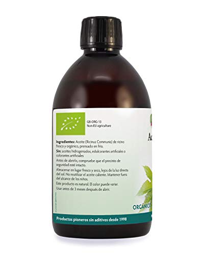 Aceite de ricino prensado en frío y orgánico, Puro y natural, Sin OGMs, No contiene hexano ni disolventes, Vegano, Para un cabello sano, barba, pestañas y cejas y todo tipo de pieles (500ml)
