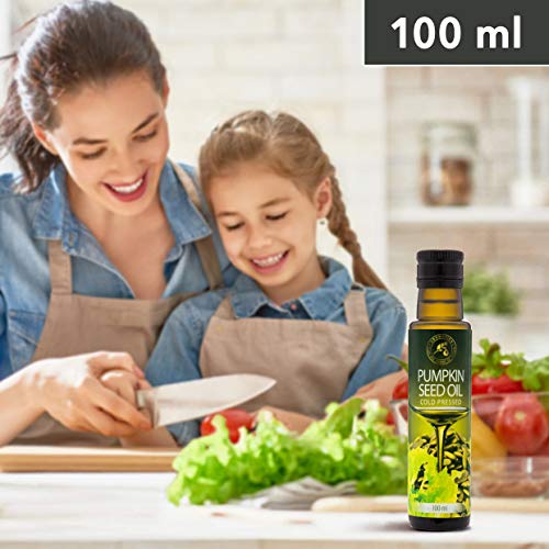 Aceite de Semilla de Calabaza 100 ml - Aceite de Cocina 100% Natural - en una Botella de Protección Ligera - Austria - Aceite para la Cocina - Aderezo para Ensaladas - Comida