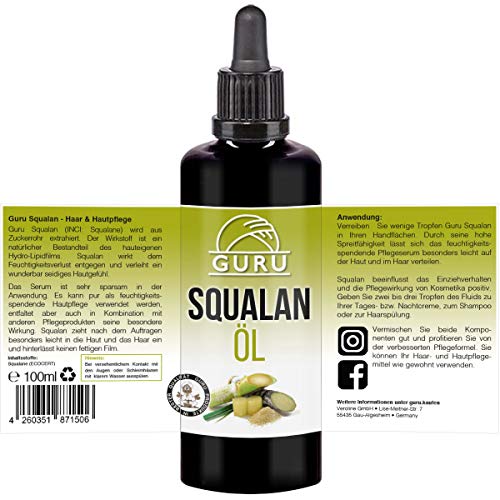 Aceite de squalan puro natural de Guru vegano, para piel sedosa, sustituto de aceite de argán sérum para el cuidado facial, 100 ml