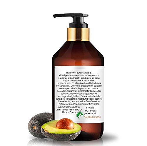Aceite Ecológico de Aguacate 250 ml Comercio Justo 100% Natural Prensado en Frío Aceite de Masaje Vegetal 100% Natural