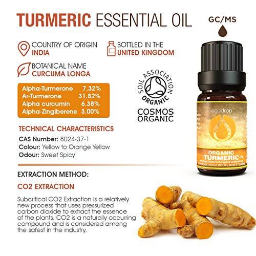 Aceite esencial de cúrcuma 100% natural obtenido por extracción con CO2 supercrítico, certificado ecológico COSMOS, grado terapéutico para aromaterapia, con libro electrónico de Ecodrop de regalo 10ml