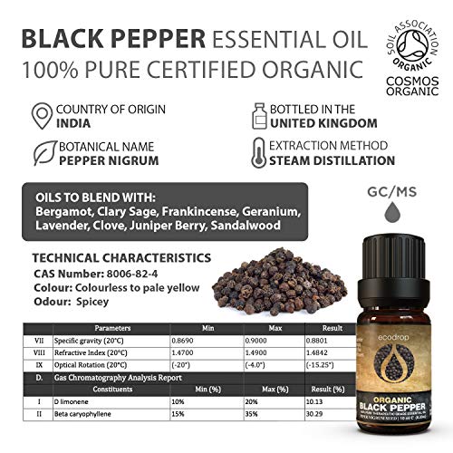 Aceite esencial de pimienta negra, con el certificado ecológico COSMOS, 100% puro, grado terapéutico para aromaterapia, masajes y difusores, 10 ml (Piper nigrum)
