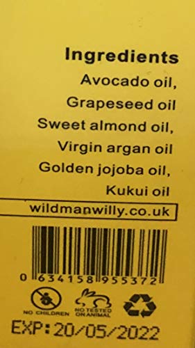 Aceite orgánico de barba todo natural de aguacate, aceite de semilla de uva, aceite de almendra dulce, aceite de argán virgen, aceite de jojoba dorada y aceite de Kukui