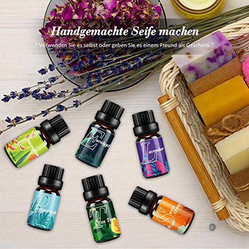 Aceites Esenciales, 6 * 10 ml Aceite Aromaterapia 100% Natural Puro (Lavanda, Árbol de Té, Lavanda, Llimoncillo, Menta, Naranja Dulce, Eucalipto) para Humidificador y Difusor
