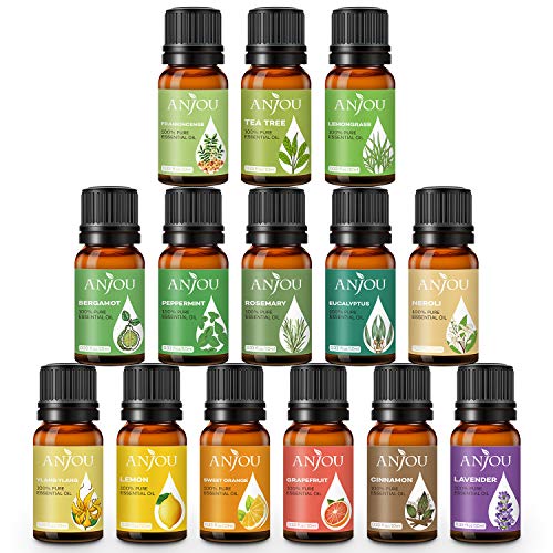 Aceites Esenciales Anjou, 14 Aceites Esenciales de Aromaterapia (Lavanda, Naranja Dulce, Menta, Árbol de Té, Eucalipto, Limoncillo, Bergamota, Incienso, etc.)