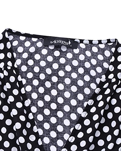 ACHIOOWA Mujer Vestido Elegante Casual Playa Bohemio Dress Lunares Cuello V Manga Corta Escote Fiesta Cóctel Falda Larga Negro XL