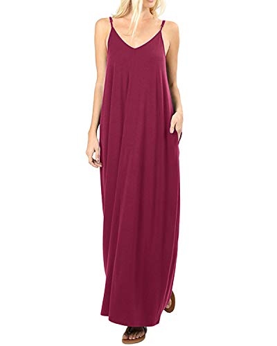 ACHIOOWA Mujer Vestido Elegante Playa Casual Dress Cuello V Sin Manga Túnica Sin Hombros Escote Punto Bolsillo Caftán Oversize Falda Larga Rojo-Vino S