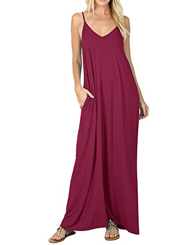 ACHIOOWA Mujer Vestido Elegante Playa Casual Dress Cuello V Sin Manga Túnica Sin Hombros Escote Punto Bolsillo Caftán Oversize Falda Larga Rojo-Vino S