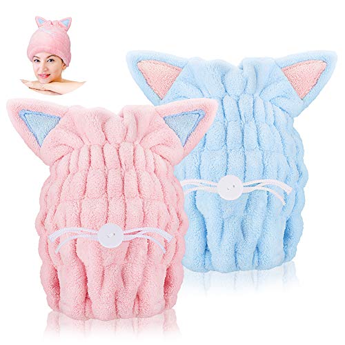 Achort 2 toallas de microfibra para secar el pelo, de secado rápido, toalla de pelo súper absorbente con orejas de gatito para secar el cabello rápidamente para mujeres, niños y niñas (azul y rosa)