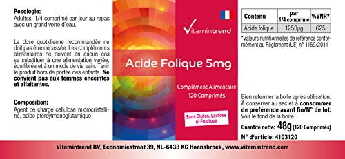 Ácido fólico 5mg – solo 1/4 comprimidos al día – vegano – alta dosificación – 120 comprimidos