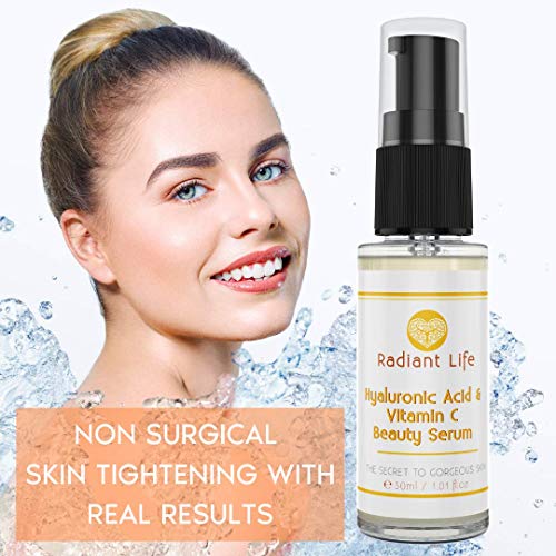 Ácido hialurónico belleza serum para la piel con vitamina C de Radiant Life, lo mejor para la cara, el rejuvenecimiento, más tersura y brillo en la piel, el mejor serum anti-envejecimiento