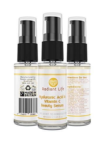 Ácido hialurónico belleza serum para la piel con vitamina C de Radiant Life, lo mejor para la cara, el rejuvenecimiento, más tersura y brillo en la piel, el mejor serum anti-envejecimiento