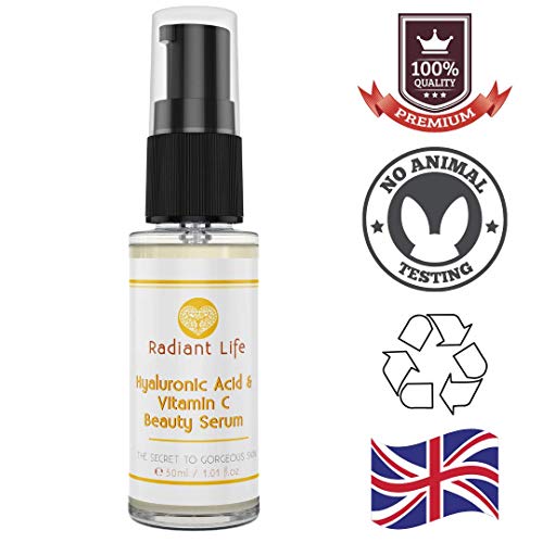 Ácido hialurónico belleza serum para la piel con vitamina C de Radiant Life, lo mejor para la cara, el rejuvenecimiento, más tersura y brillo en la piel, el mejor serum anti-envejecimiento
