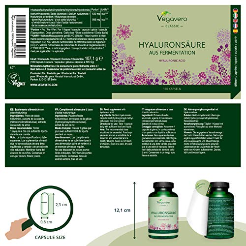 Ácido Hialurónico Vegavero® | 400 mg | 100% libre de aditivos & vegano | 180 cápsulas | 800-1500 kDa | Hidratante facial + Articulaciones