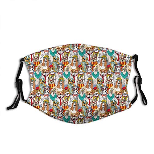 Activated?Carbon?Windproof?Mask,Hipster Bulldog Schnauzer Pug Breeds with Glasses Hats Scarf Pattern Colorful Cartoon,Facial?Decorations?for?Unisex