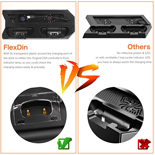 Actualizada FlexDin [2 en 1] PlayStation 4 Slim / Pro Soporte Vertical Base para PS4 Slim / PS4 Pro con Ventilador Dual y 3 USB, Estación de Cargador para Mando DualShock 4 PS4 (No para PS4 Clásico)