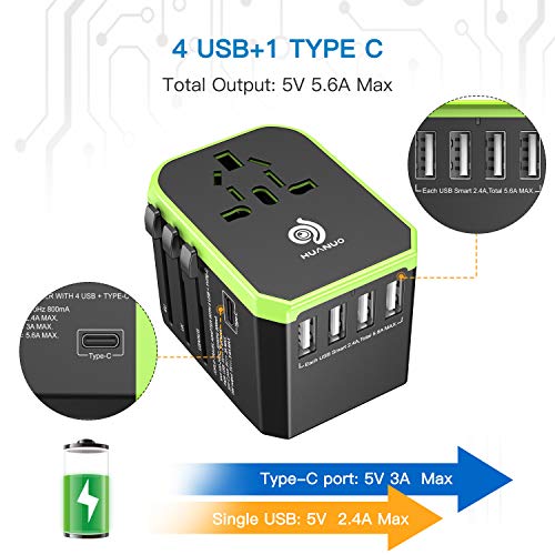 Adaptador de Viaje Universal, Adaptador de Corriente Internacional Todo en Uno Adaptador de Enchufe con 4xUSB 5.6A Máx, 1xCargador Tipo-C 3A para EU, UK, US, AU Más de 180 Países, MAX 1840W