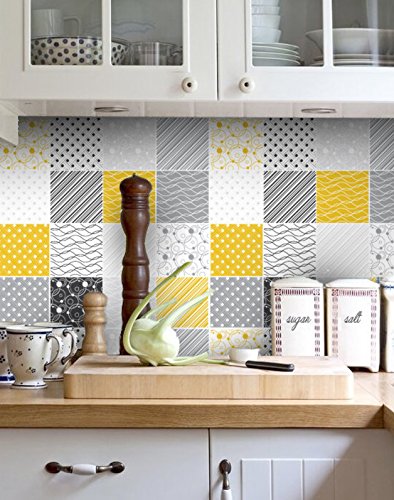 Adhesivos para Azulejos - Paquetes con 32 (20 x 20 cm, Azulejos Amarillos y Grises | Adhesivos Baldosas | Decoración de Paredes | Decoración Casas Modernas | Ideas para Decoración)