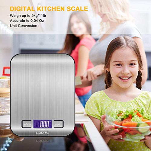 ADORIC Báscula Digital para Cocina de Acero Inoxidable, 5kg / 11 lbs, Balanza de Alimentos Multifuncional, Peso de Cocina, Color Plata (Baterías Incluidas)