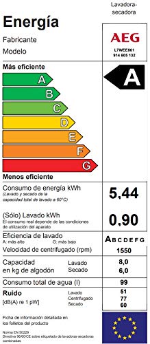 AEG L7WEE861 Lavasecadora de Libre Instalación, Carga Frontal, Lavadora 8 Kg, Secadora 6 Kg, 1600 rpm, Serie 7000, Motor Inverter, Programa Rápido, Panel LCD, Puerta XL Plateada, Blanca, Clase A